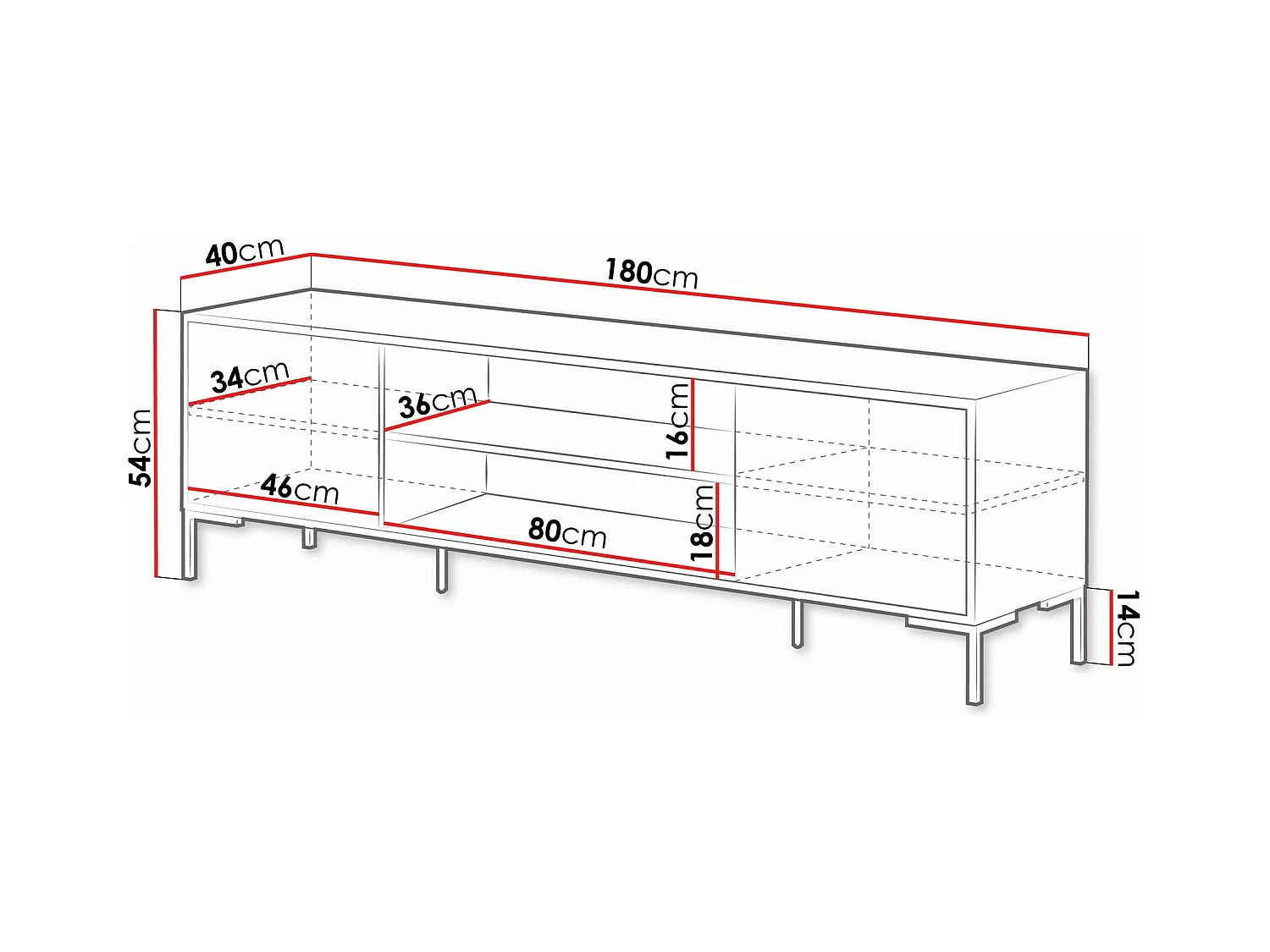 Meuble TV Etrfelu 105, Chêne Artisan|Noir, 180x54x40cm