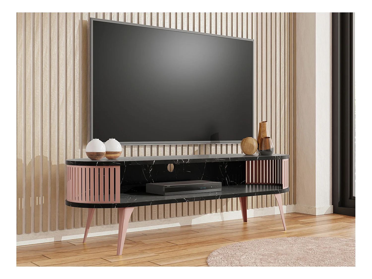 Meuble TV Sordore 110, Marbre blanc|Rose, 140x44x40cm