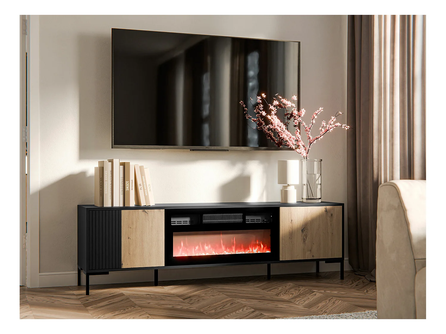 Meuble TV Etrfelu 109, Chêne Artisan|Noir, 180x54x40cm