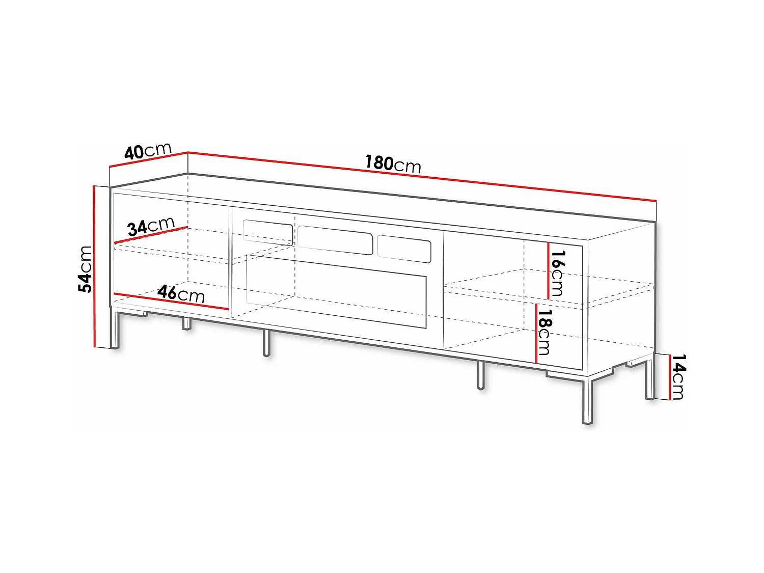 Meuble TV Etrfelu 109, Chêne Artisan|Noir, 180x54x40cm