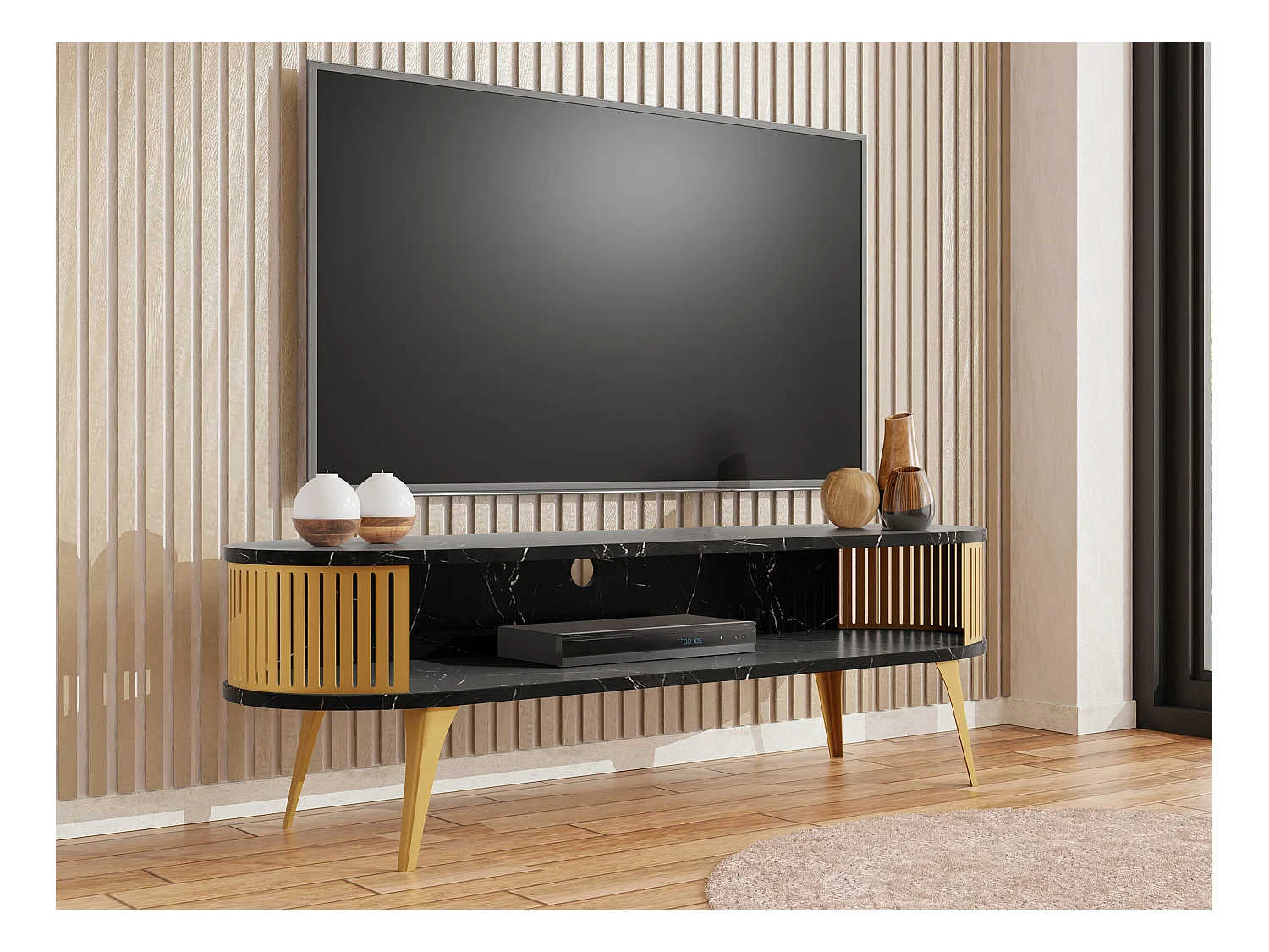 Meuble TV Sordore 109, Doré|Marbre noir, 140x44x40cm