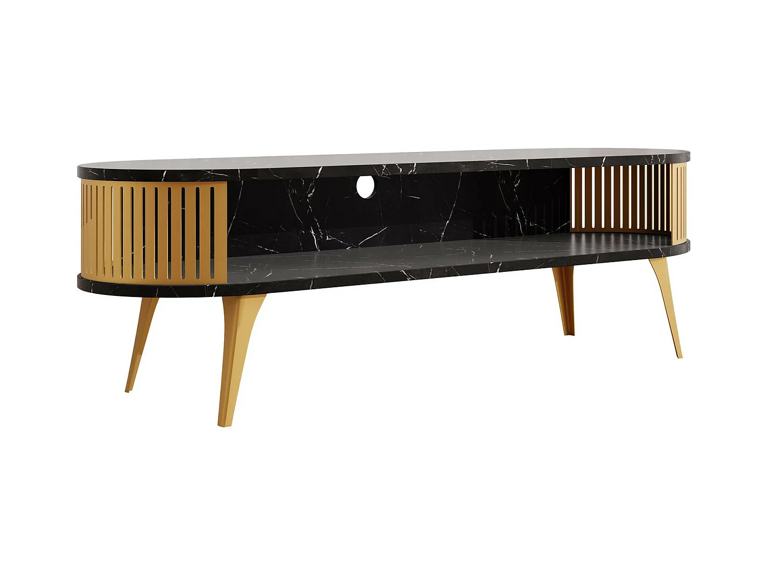 Meuble TV Sordore 109, Doré|Marbre noir, 140x44x40cm