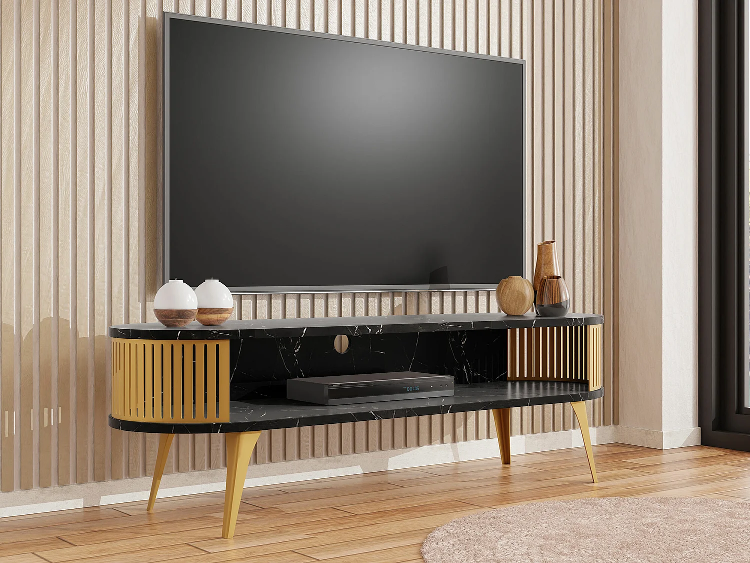 Meuble TV Sordore 109, Doré|Marbre noir, 140x44x40cm
