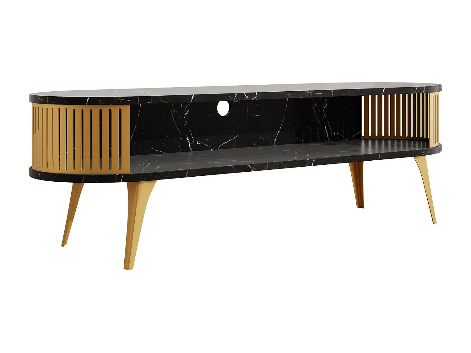 Meuble TV Sordore 109, Doré|Marbre noir, 140x44x40cm