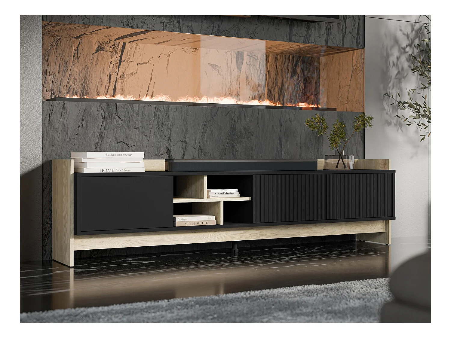 Meuble TV Mavnoli 106, Chêne|Noir, 190x51x38cm