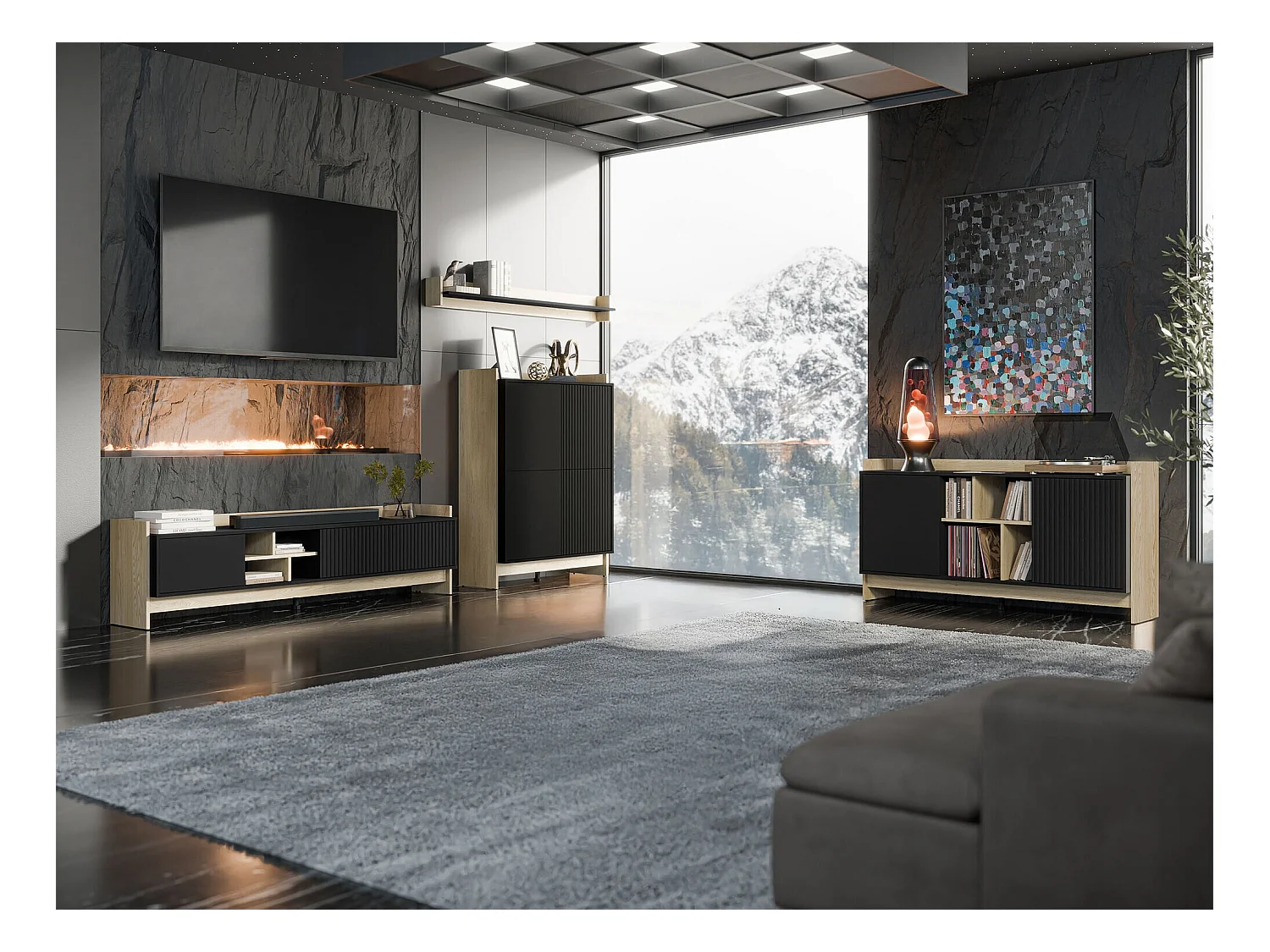 Meuble TV Mavnoli 106, Chêne|Noir, 190x51x38cm