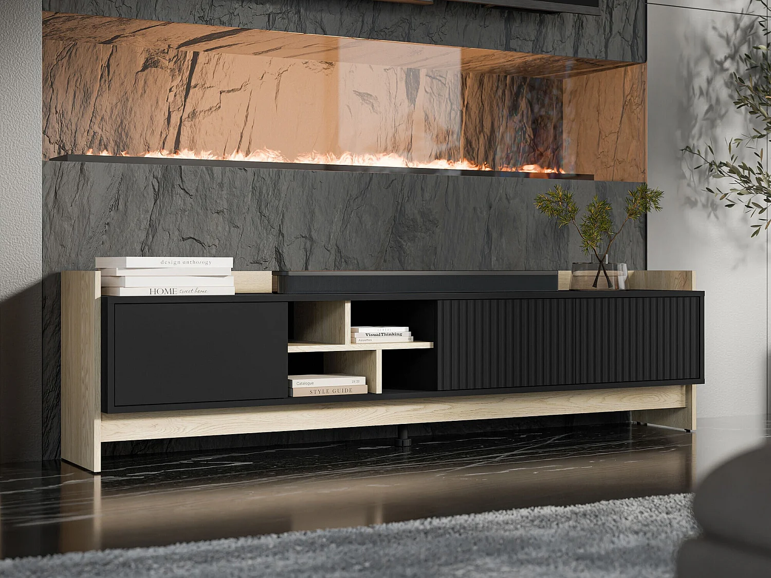 Mobile porta TV Mavnoli 106, Quercia|Nero, 190x51x38cm