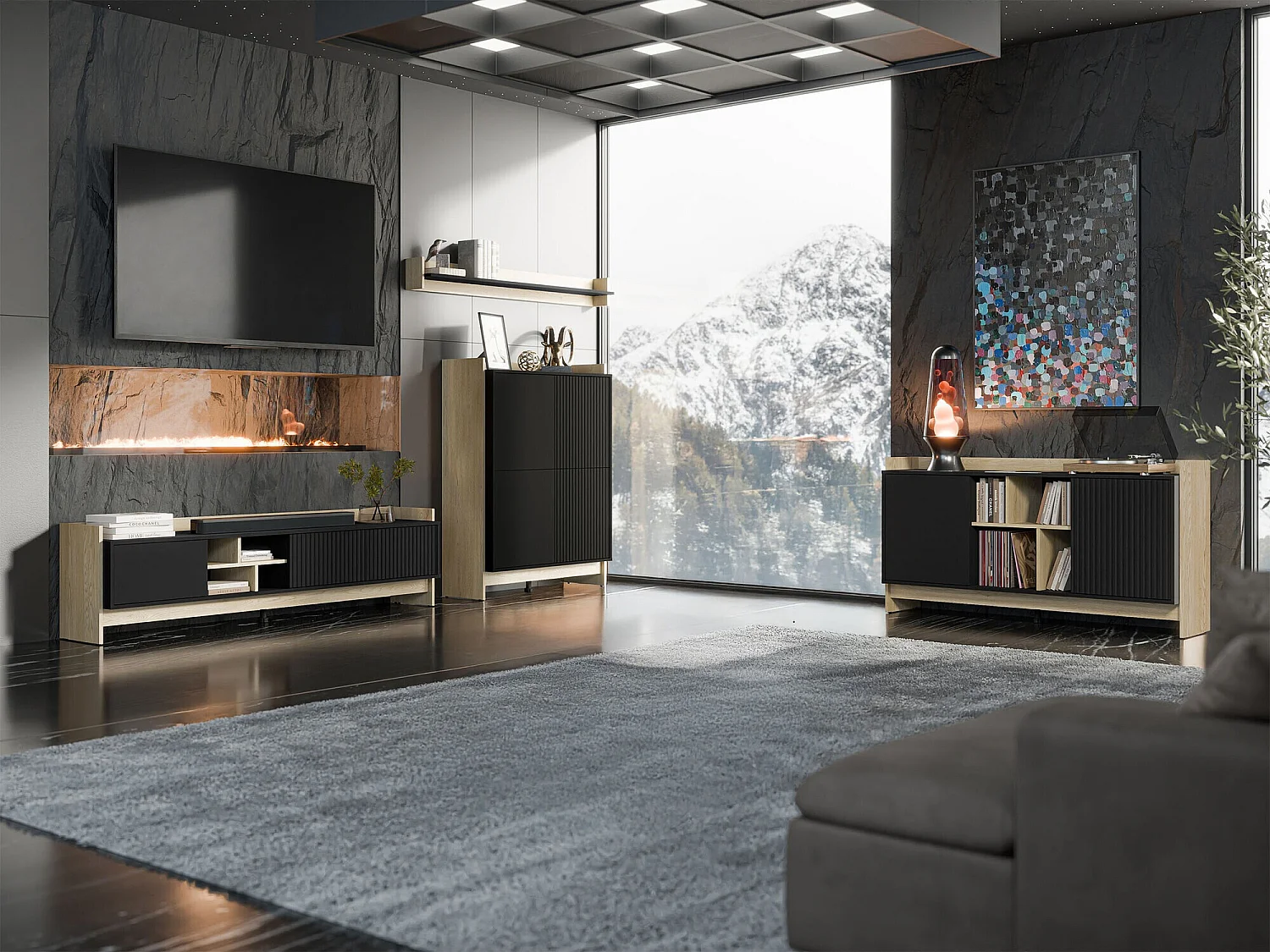 Mobile porta TV Mavnoli 106, Quercia|Nero, 190x51x38cm