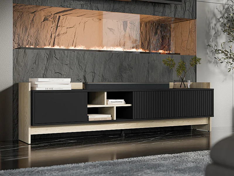 Meuble TV Mavnoli 106, Noir|Chêne, 190x51x38cm