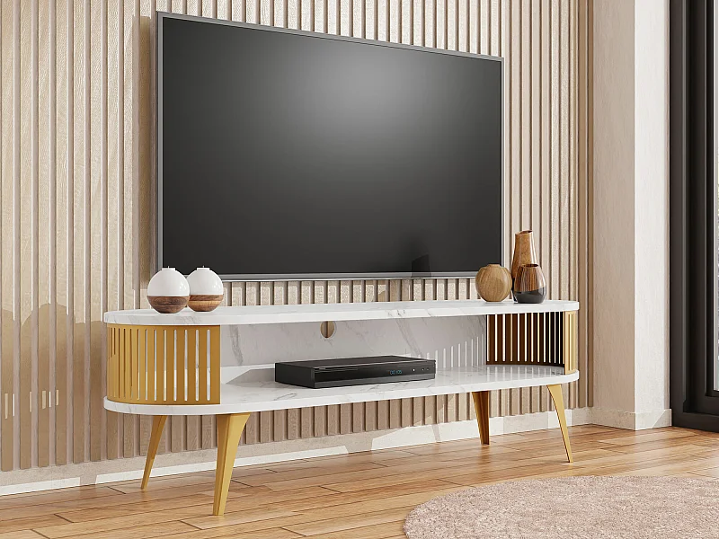 Meuble TV Sordore 109, Doré|Marbre blanc, 140x44x40cm
