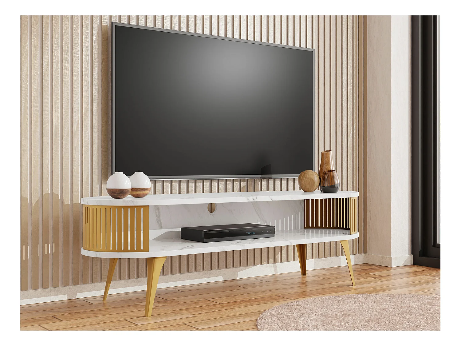 Meuble TV Sordore 109, Marbre blanc|Doré, 140x44x40cm
