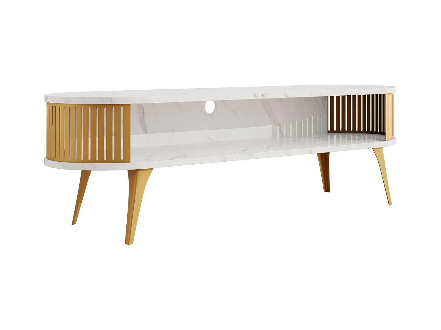 Meuble TV Sordore 109, Marbre blanc|Doré, 140x44x40cm