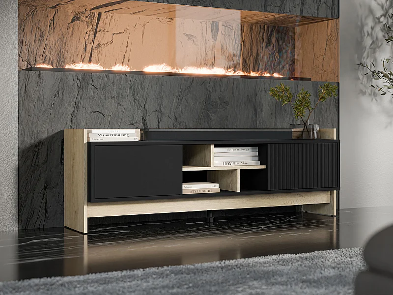 Meuble TV Mavnoli 105, Chêne|Noir, 150x51x38cm