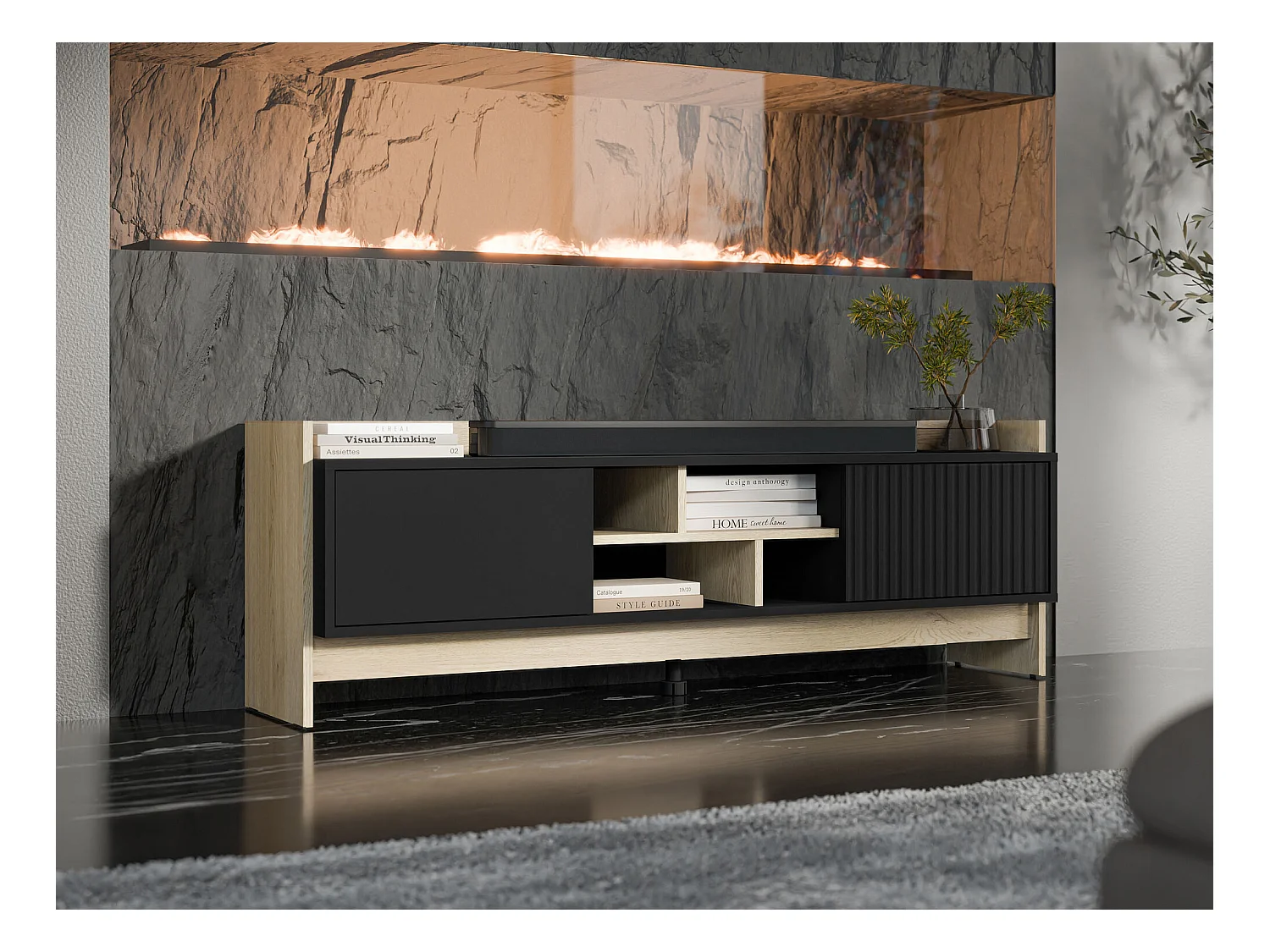 Meuble TV Mavnoli 105, Chêne|Noir, 150x51x38cm