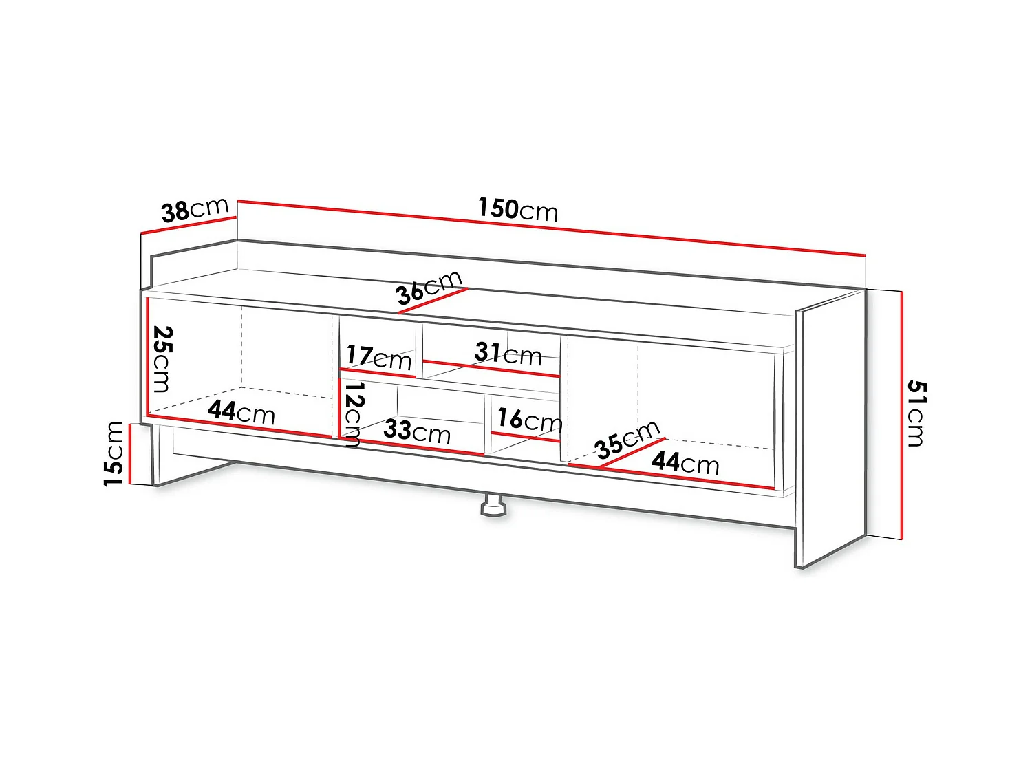 Meuble TV Mavnoli 105, Chêne|Noir, 150x51x38cm