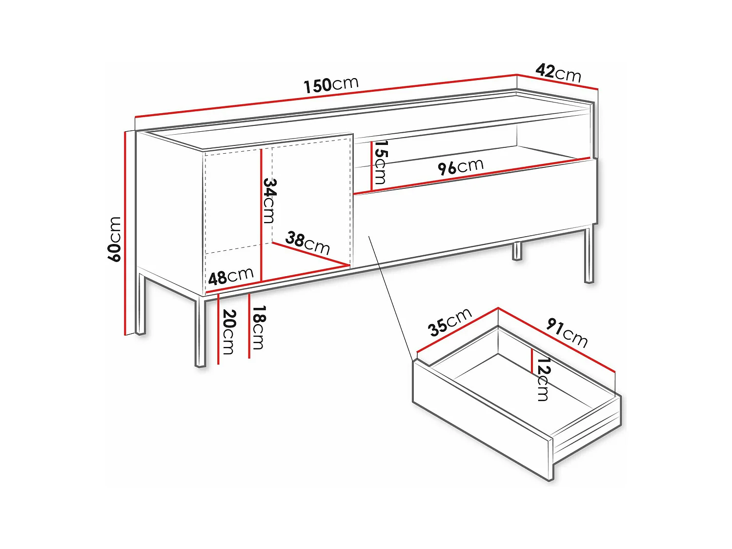 Meuble TV Lunole 108, Noir|Chêne Artisan, 150x60x42cm