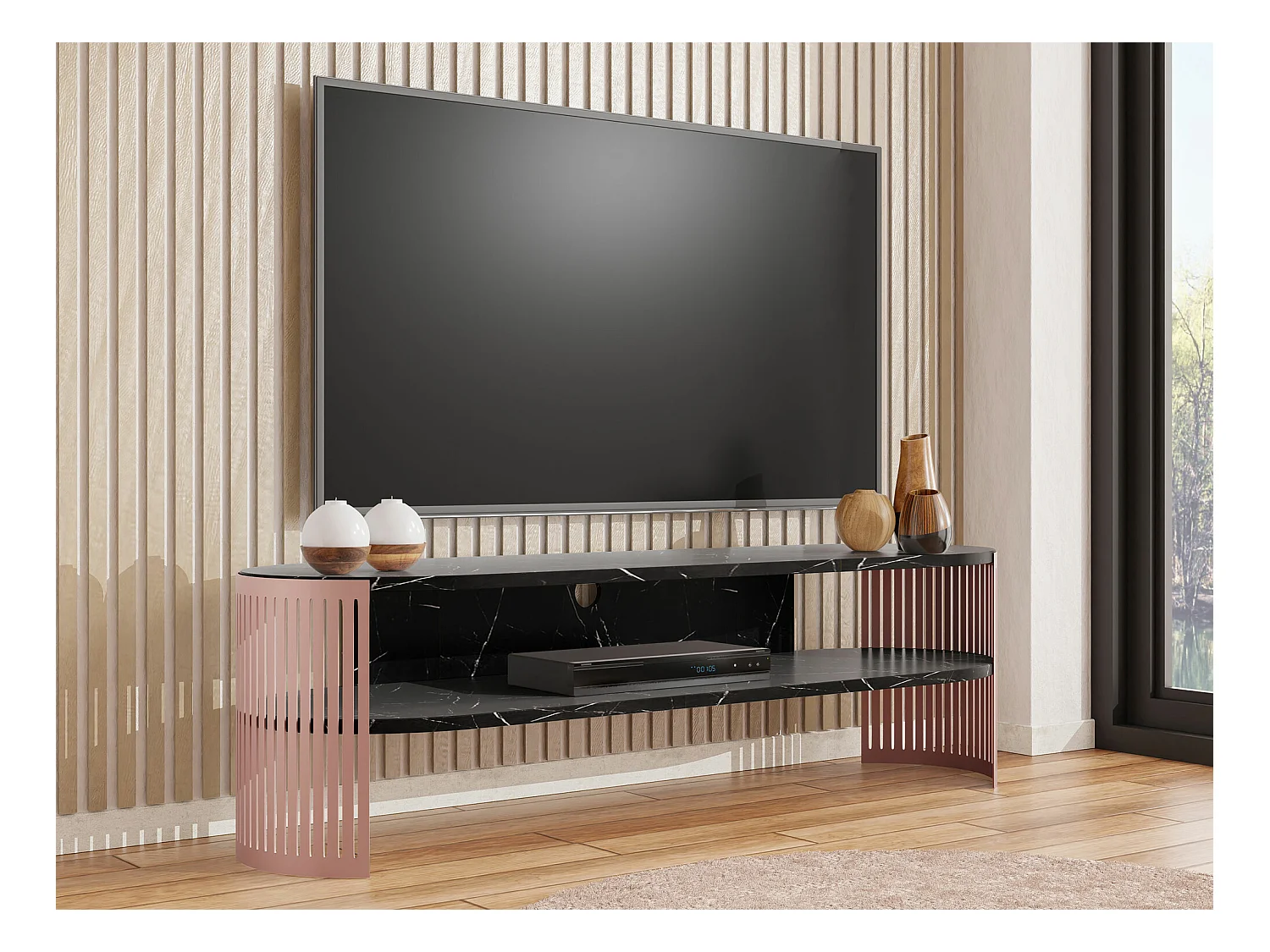 Meuble TV Sordore 123, Marbre blanc|Rose, 140x44x40cm