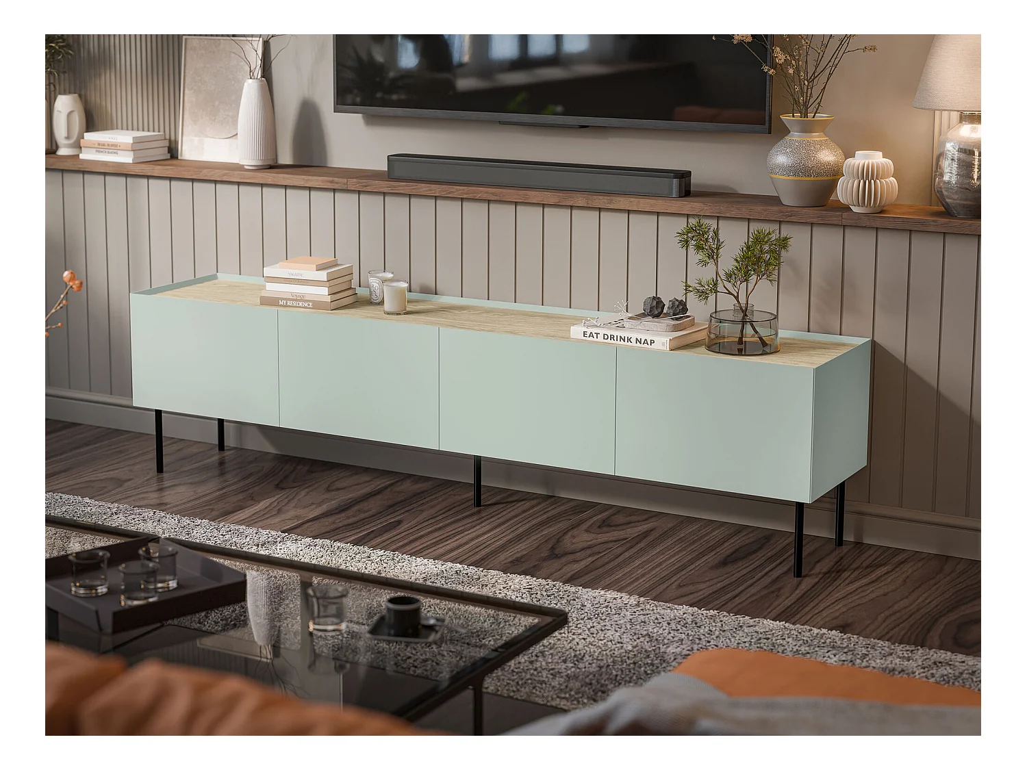 Mobile porta TV Melbela 107, Olivo chiaro|Quercia, 200x52x40cm