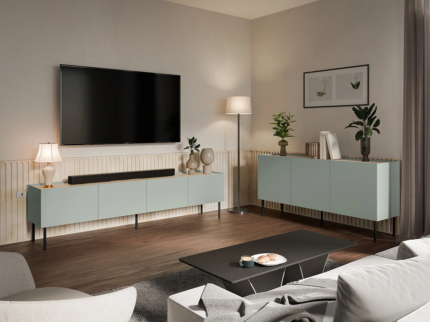 Meuble TV Melbela 107, Olivier clair|Chêne, 200x52x40cm