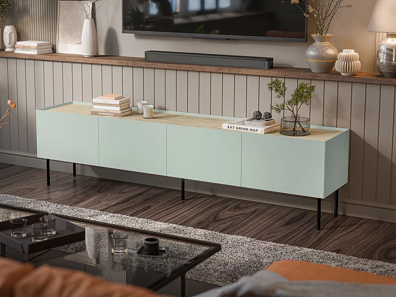 Meuble TV Melbela 107, Chêne|Olivier clair, 200x52x40cm