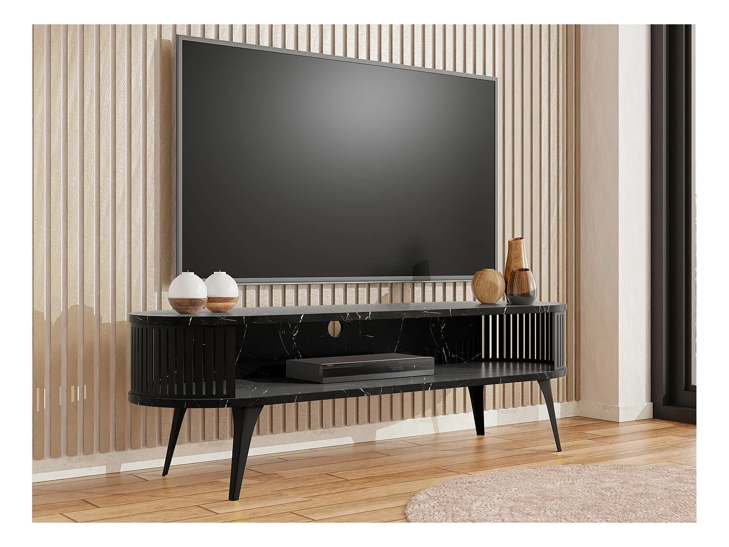 Meuble TV Sordore 108, Marbre noir|Noir, 140x44x40cm