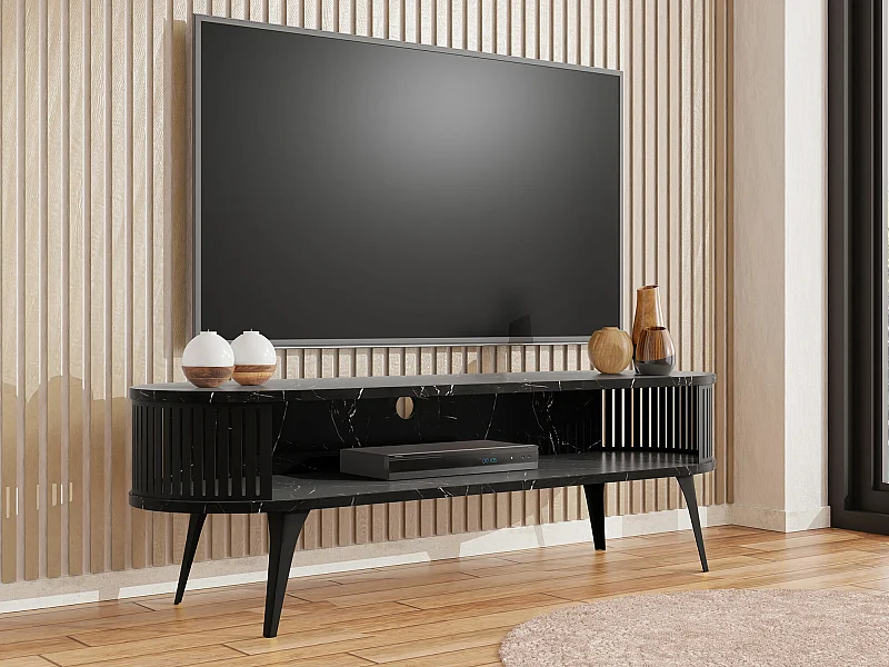 Meuble TV Sordore 108, Marbre noir|Noir, 140x44x40cm