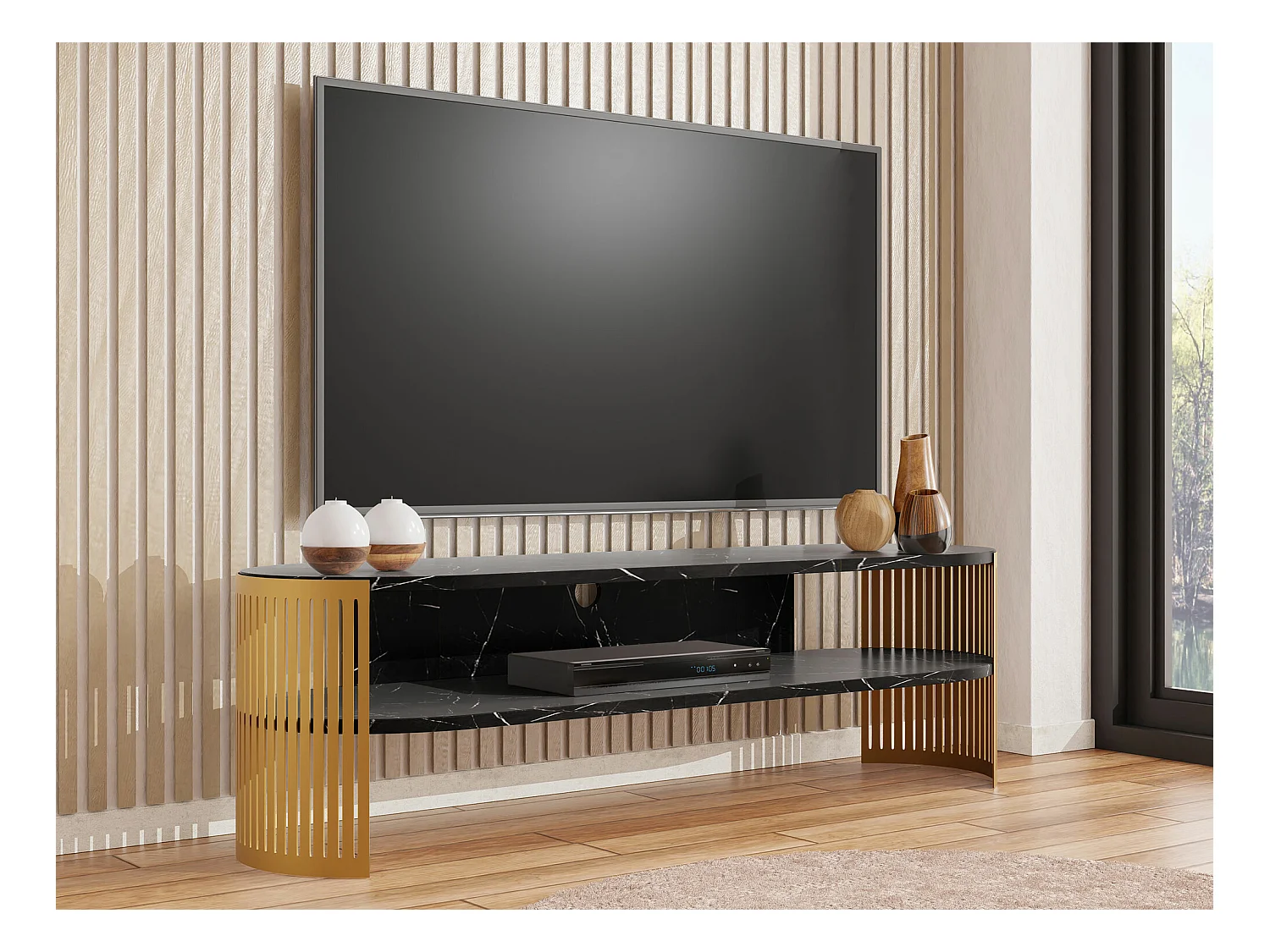 Meuble TV Sordore 122, Marbre noir|Doré, 140x44x40cm