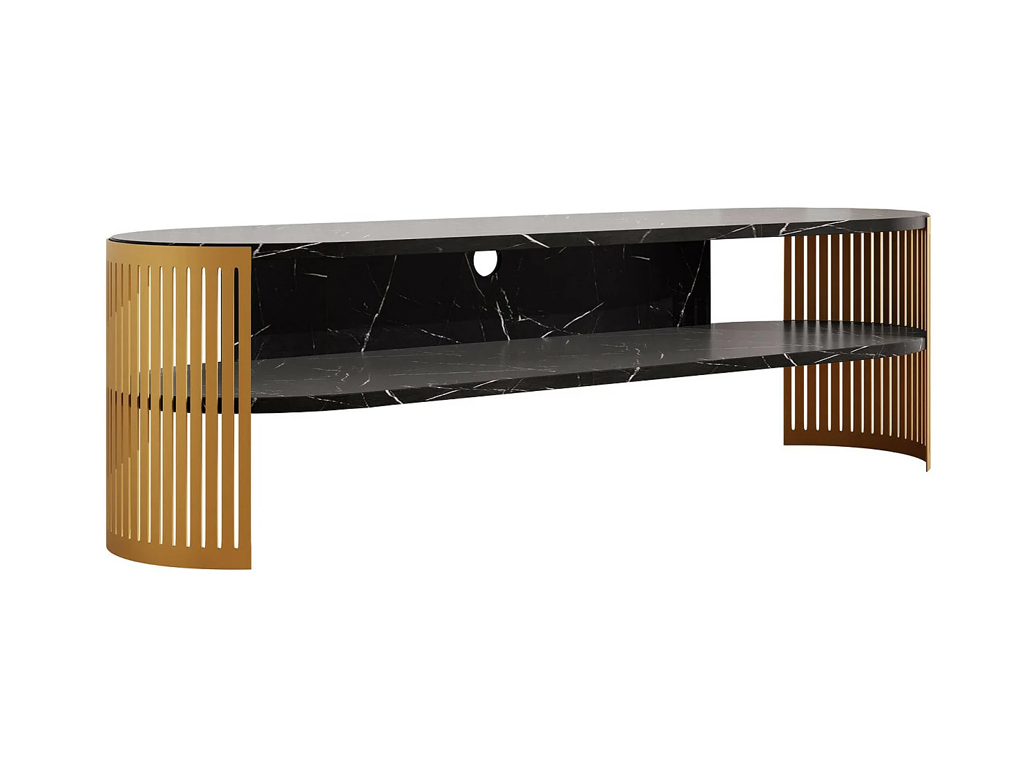 Meuble TV Sordore 122, Marbre noir|Doré, 140x44x40cm