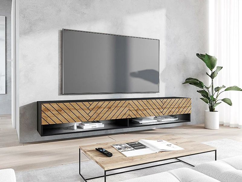 Meuble TV Sarasota 119, Graphite|Chêne wotan, Le nombre de portes: 2, 180x30x33cm