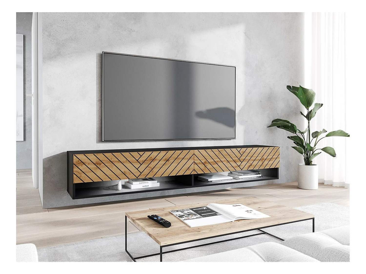 Meuble TV Sarasota 119, Chêne wotan|Graphite, Le nombre de portes: 2, 180x30x33cm