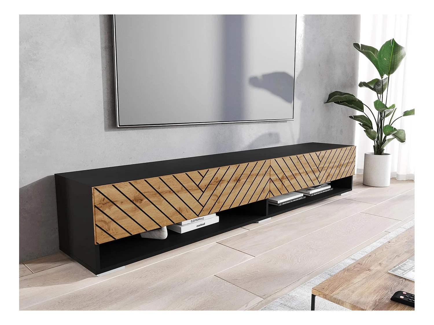 Meuble TV Sarasota 119, Chêne wotan|Graphite, Le nombre de portes: 2, 180x30x33cm