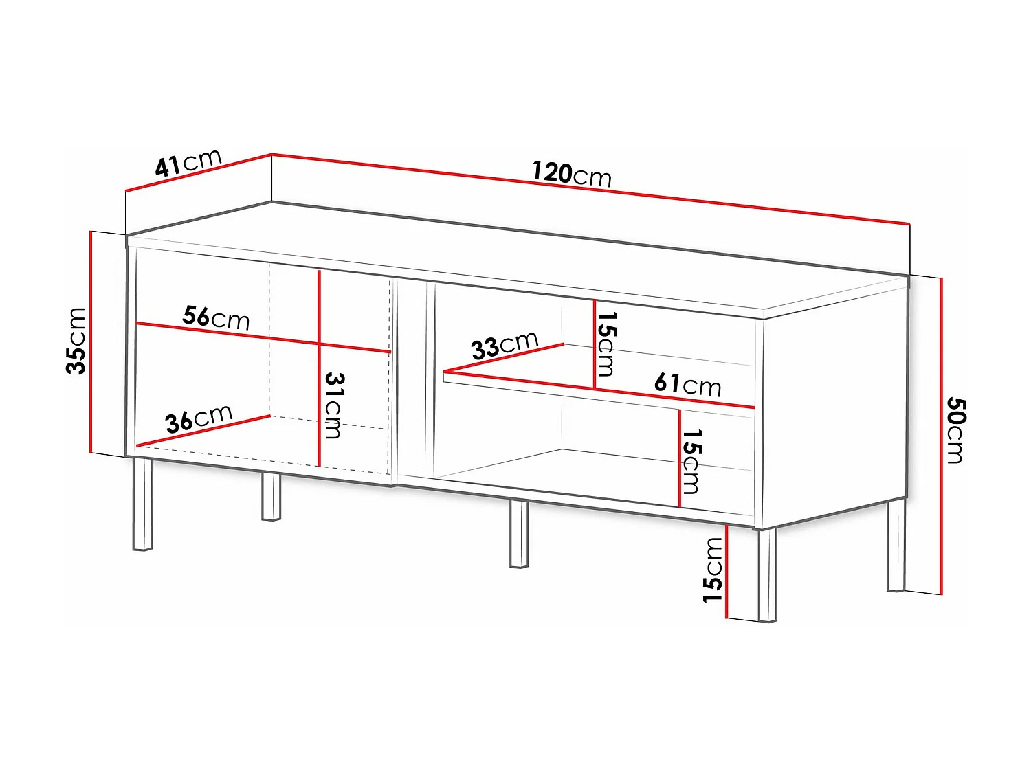 Meuble TV Lumiri 106, Noir|Chêne, 120x50x41cm