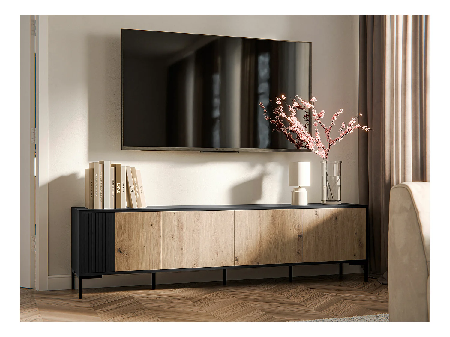 Meuble TV Etrfelu 106, Chêne Artisan|Noir, 200x54x40cm