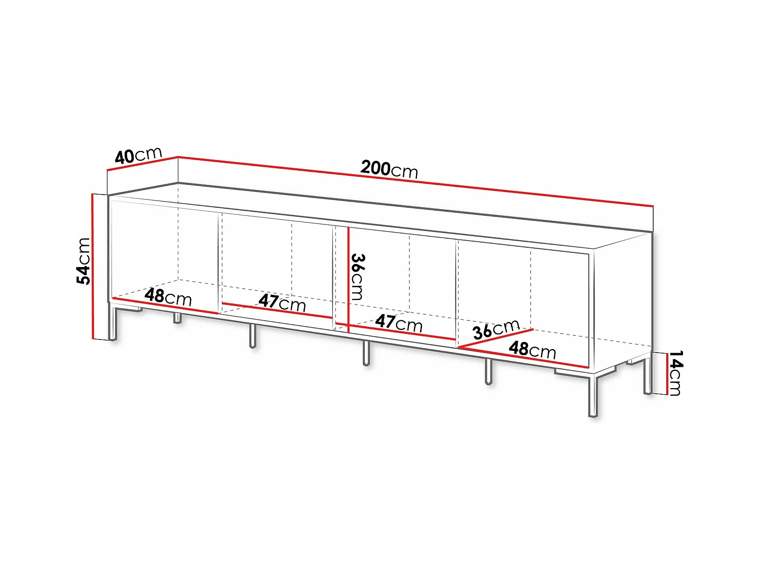 Meuble TV Etrfelu 106, Chêne Artisan|Noir, 200x54x40cm