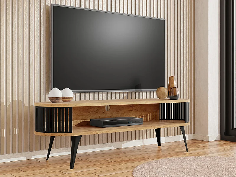 Meuble TV Sordore 108, Chêne doré artisanal|Noir, 140x44x40cm