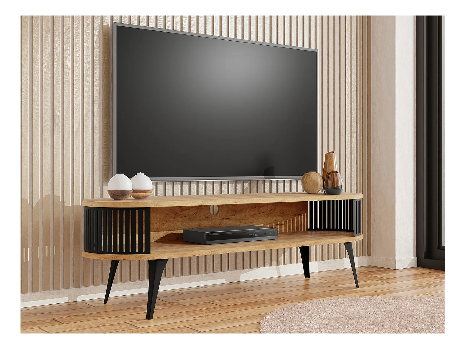 Meuble TV Sordore 108, Noir|Chêne doré artisanal, 140x44x40cm