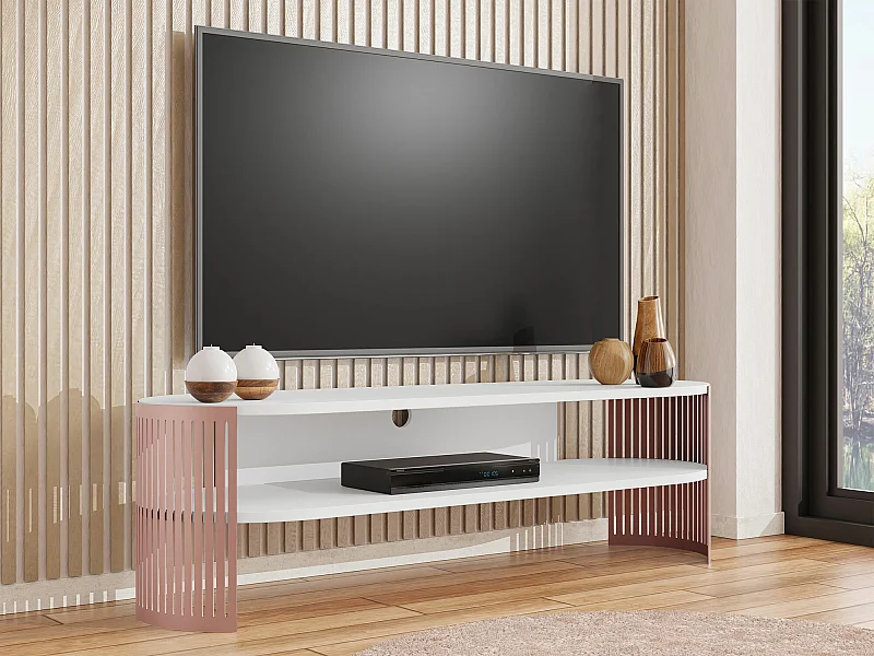Meuble TV Sordore 123, Blanc|Rose, 140x44x40cm