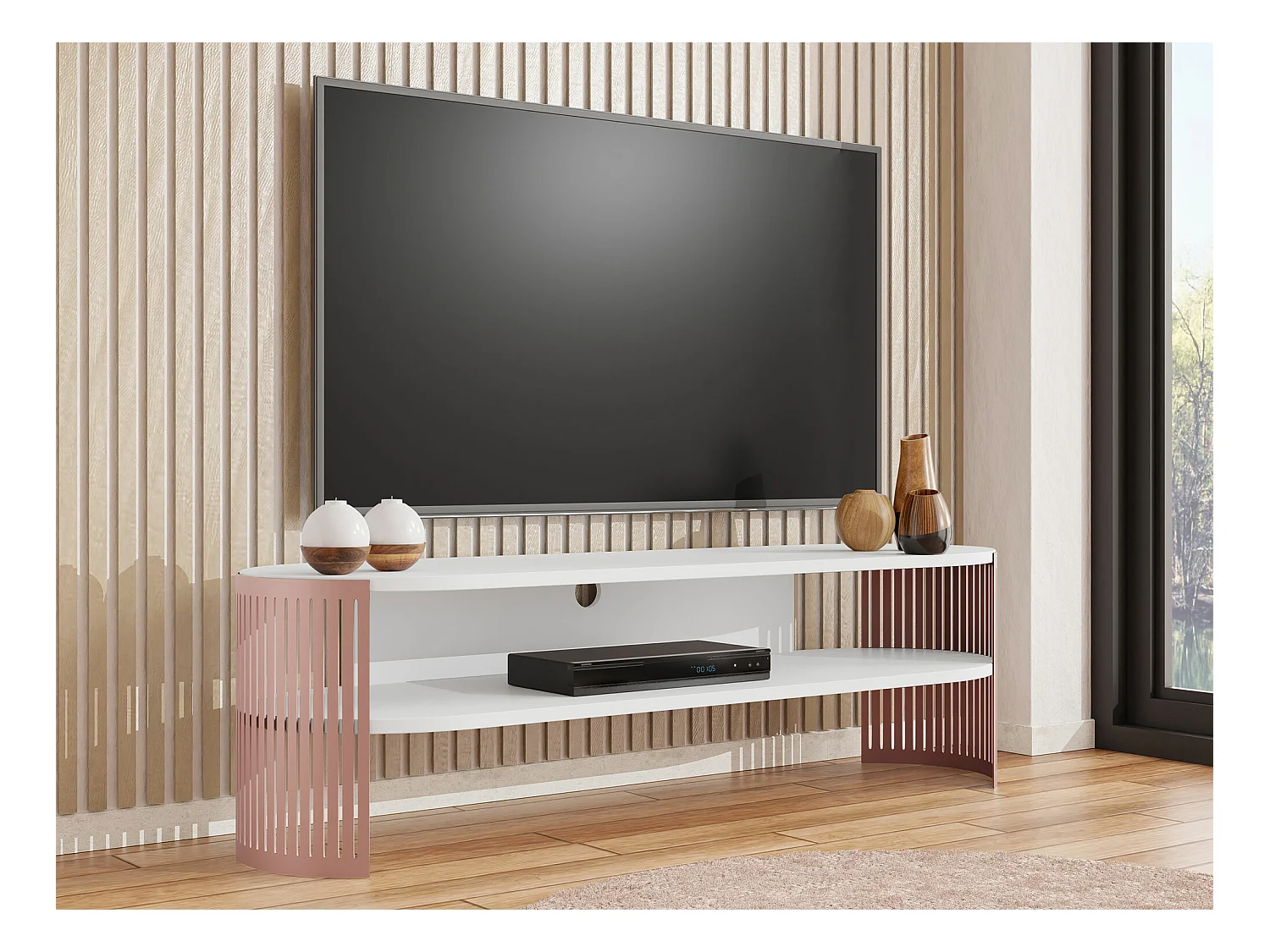 Meuble TV Sordore 123, Rose|Blanc, 140x44x40cm