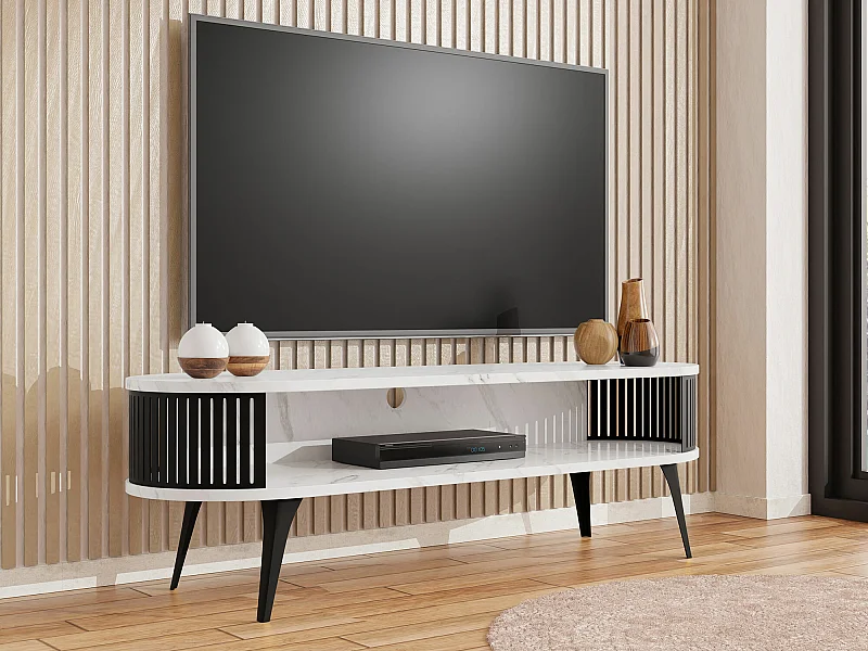Meuble TV Sordore 108, Blanc|Marbre blanc, 140x44x40cm