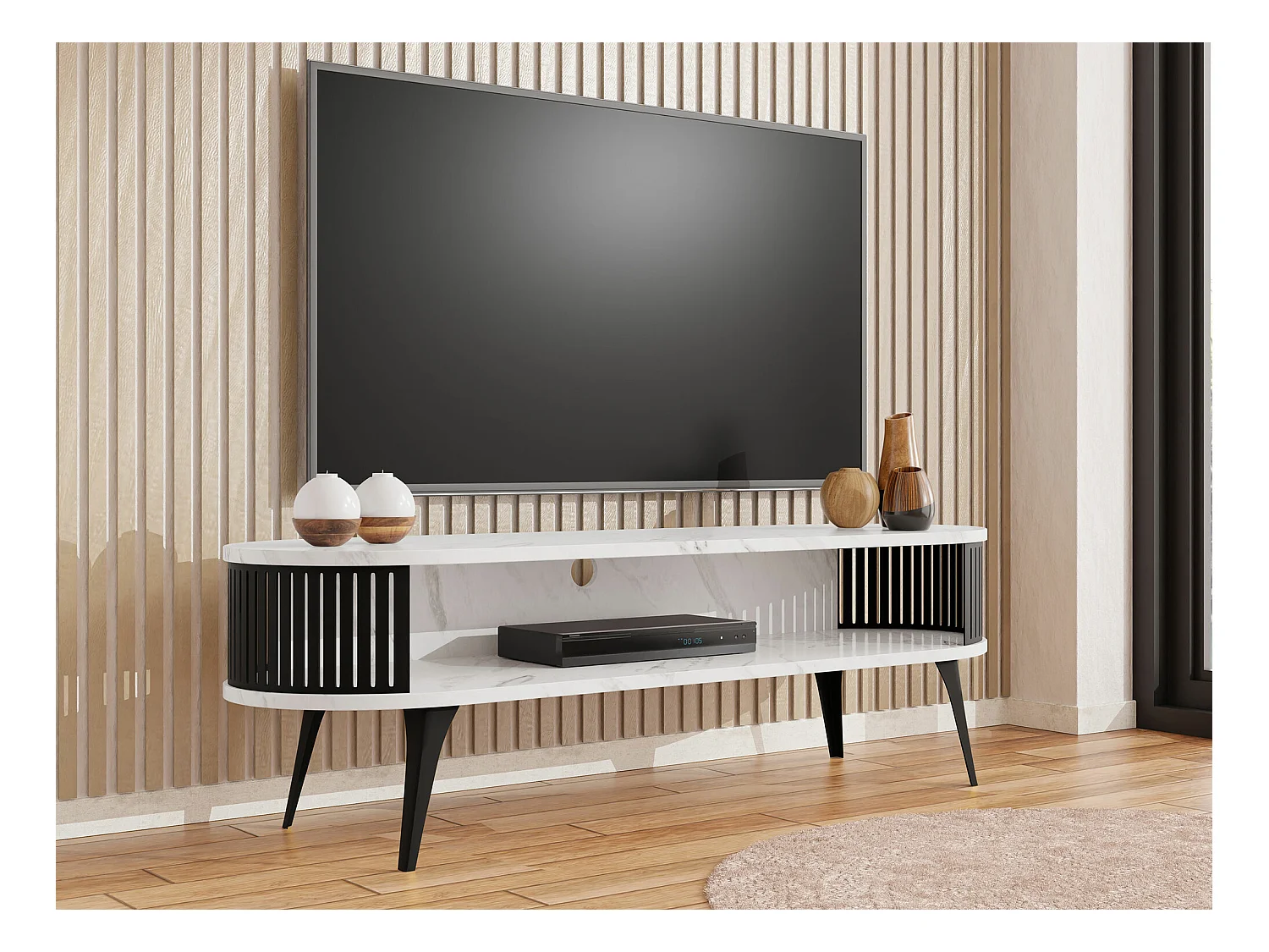 Meuble TV Sordore 108, Marbre blanc|Blanc, 140x44x40cm