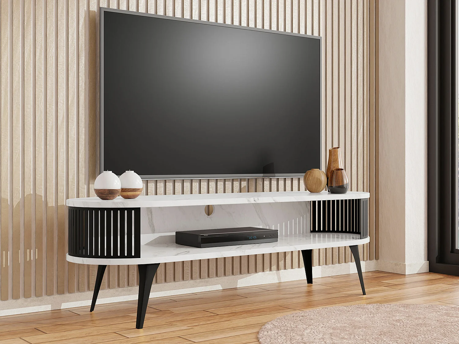 Meuble TV Sordore 108, Marbre blanc|Blanc, 140x44x40cm