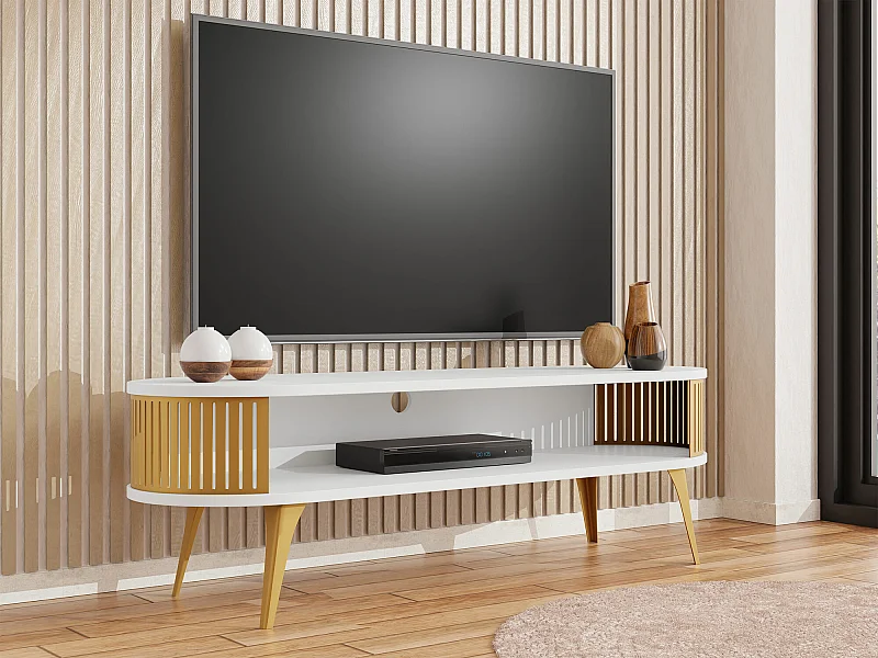 Meuble TV Sordore 109, Blanc|Doré, 140x44x40cm