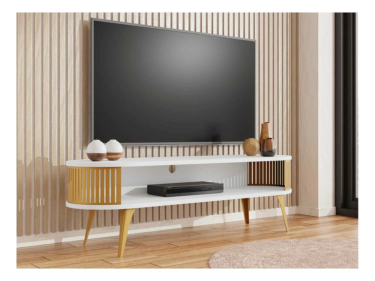 Meuble TV Sordore 109, Blanc|Doré, 140x44x40cm