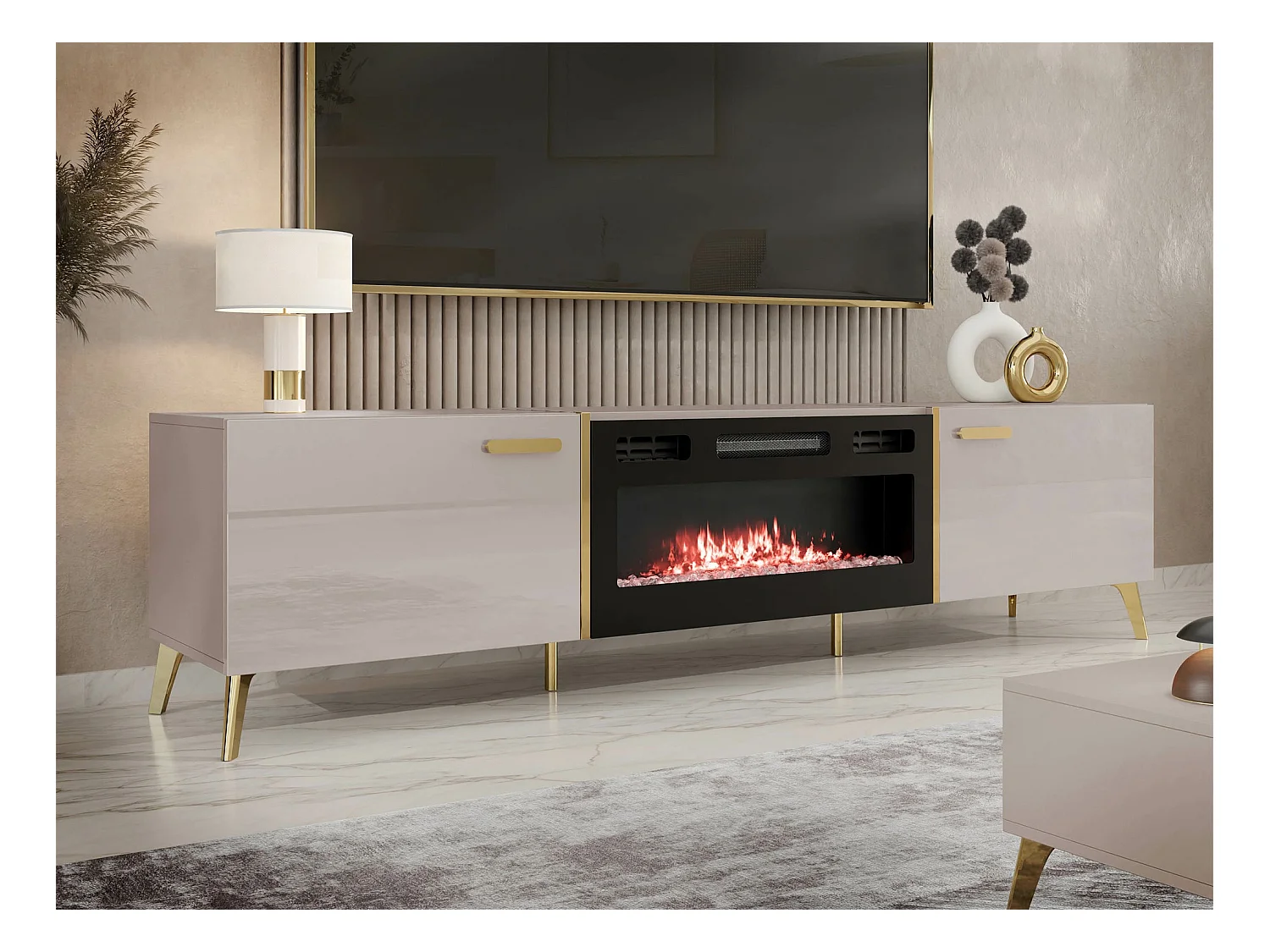 Meuble TV Comfivo Teslomo 112, Doré|Cachemire Brillant|Cachemire, 214x50x38cm