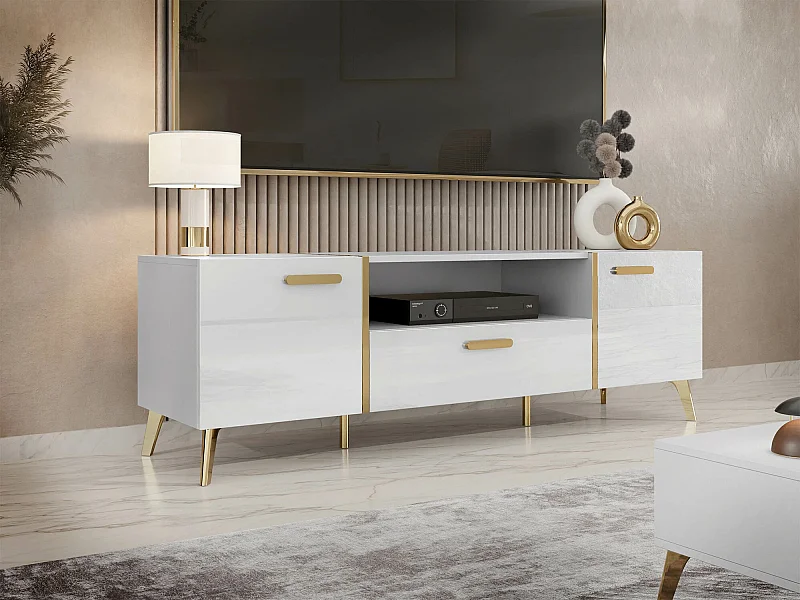 Meuble TV Teslomo 100, Blanc brillant|Blanc|Doré, 154x47x38cm