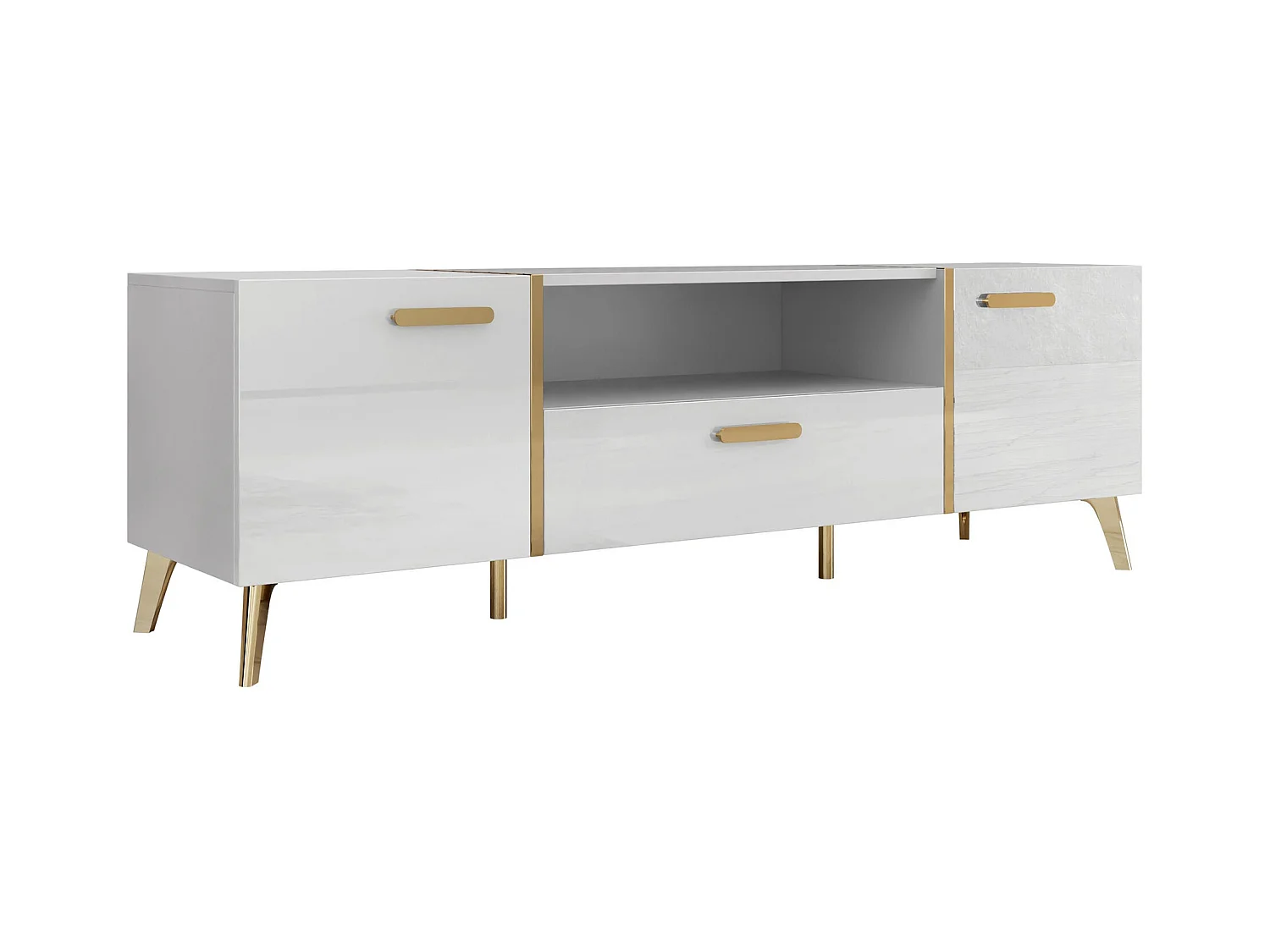 Meuble TV Teslomo 100, Doré|Blanc brillant|Blanc, 154x47x38cm