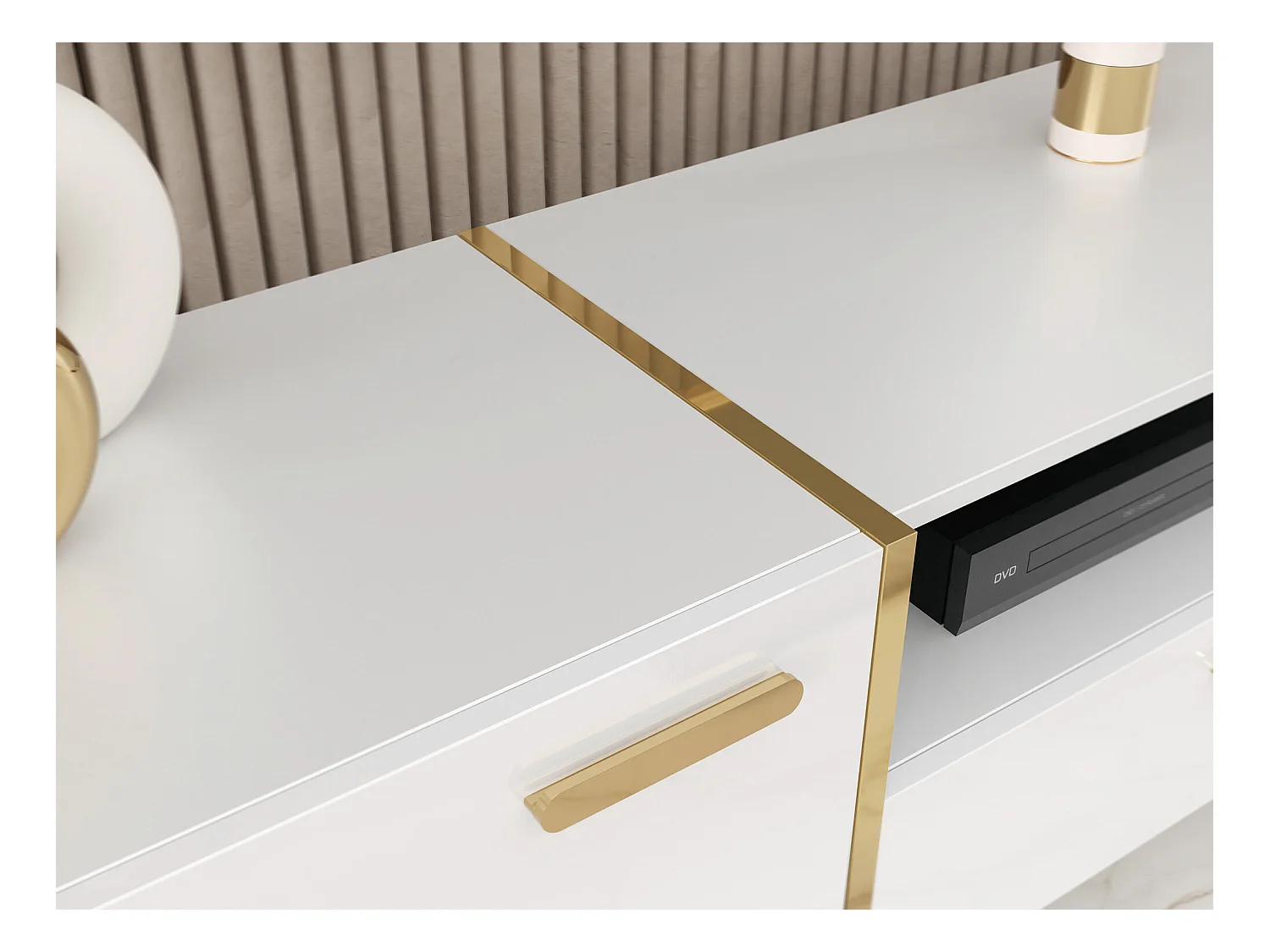 Meuble TV Teslomo 100, Doré|Blanc brillant|Blanc, 154x47x38cm