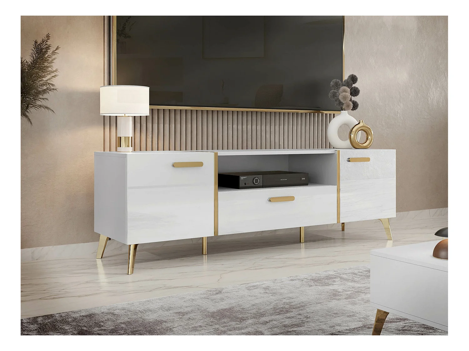Mobile porta TV Teslomo 100, Bianco|D'oro|Bianco lucido, 154x47x38cm