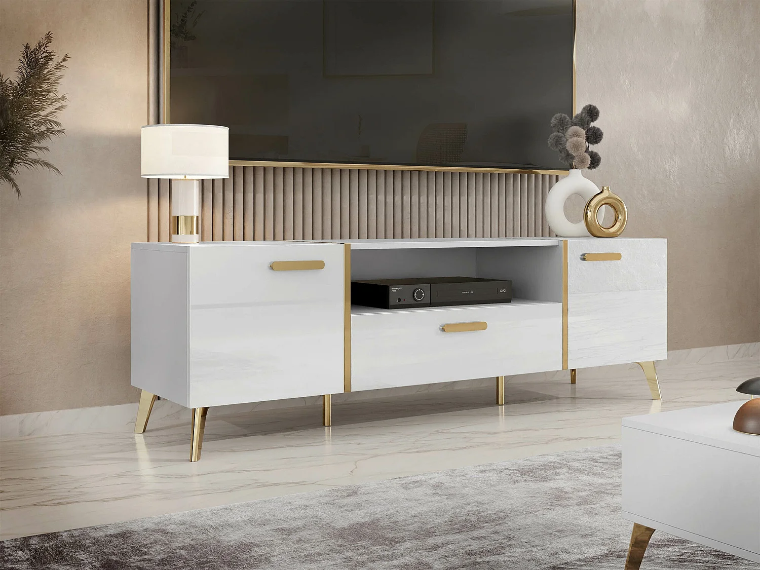 Mobile porta TV Comfivo Teslomo 113, D'oro|Bianco lucido|Bianco, 154x47x38cm