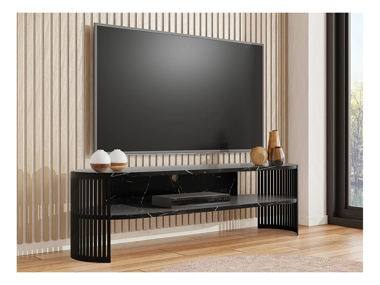 Meuble TV Sordore 121, Marbre noir|Noir, 140x40x40cm